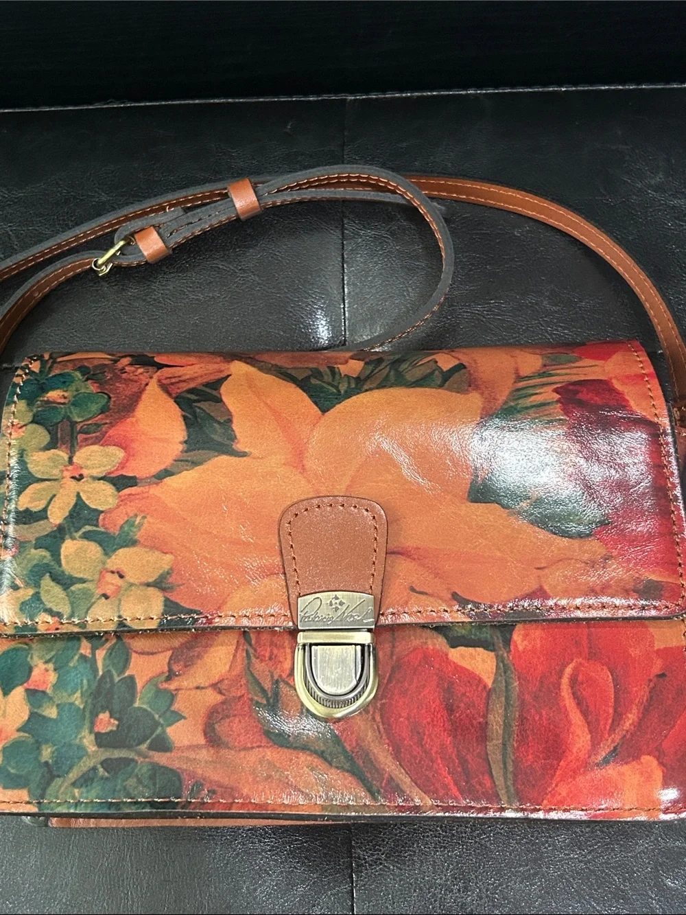 Patricia Nash Orange Floral Leather Crossbody with Brown Strap